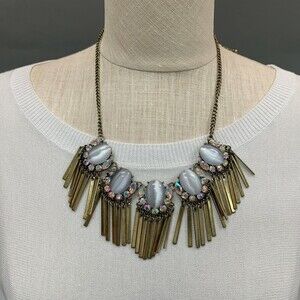Romolo Isabella Necklace Pearlescent Stone Fringe Antique Gold NWT